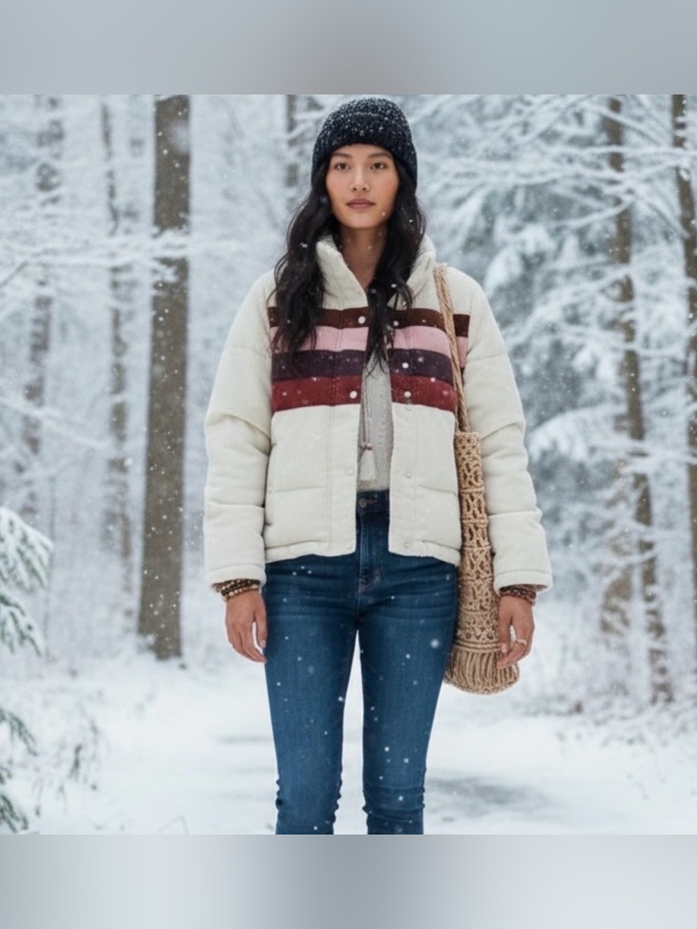 bohme corduroy Cream Puffer Jacket with Brown and Pink Stripes small